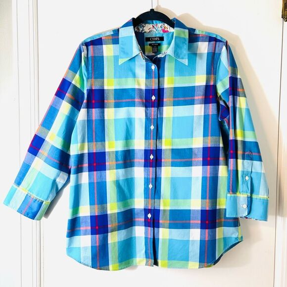 Chaps L No-Iron cotton plaid 3/4 sleeve paisley print cuffs button up shirt - Picture 2 of 13